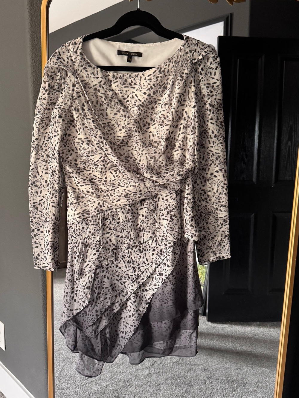 Cynthia Steffe Ivory and Gray Printed Long-Sleeve Tiered Dress